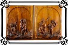 Pair of French Cherub Hand Carved Walnut Wood Panels 19th