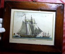 Tableau ancien couleur Galiote une bombe avec cadre bois signé à identifier