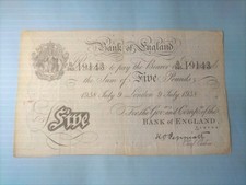 Bank Of England 5 Pounds 1938 P.335a. London.