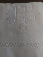Drap ancien métis lin coton 220 X 290 cm monogramme JB