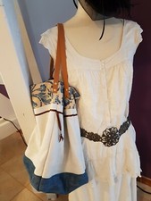 Sac seau en lin crème + jean (anses cuir caramel)