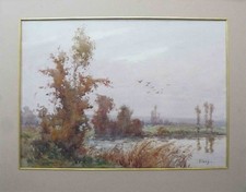 Aquarelle signée Vincy - envol de canard en bord d'étang - superbe, début XX°