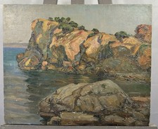 Huile sur toile signée postimpressionniste : paysage marin côte rocheuse océan