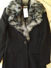 Manteau long Morgan  noir en  laine  et fourrure 