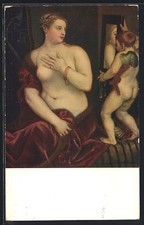 Ak Amor Maintient Vénus Den Miroir Nu