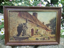 Tableau huile sur carton Chaumiére Bretonne avec puit ancien signée  bas droite