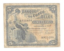 Belgique , Congo Belge, 5 Francs , 1944 , TTB/XF  à saisir