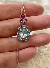 TOPAZE BLEU, AMÉTHYSTE OR, ARGENT ANCIEN COLLIER PENDENTIF CHAINE