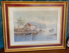 Tableau Marine Huile sur Toile Petit Port Breton Encadré Bois Doré Années 50