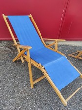 Ancienne Chaise longue, Transat en bois et tissu bleu  Vintage