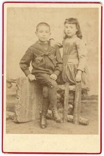 PHOTO CABINET carte album, frère & soeur décor costume marin robe