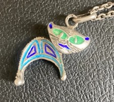 Vintage Superbe Pendentif Chat Émaillé Bijou Créateur argent Sterling Poinçon