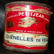 unique ANCIENNE boite CONSERVE quenelles de veau petit jean petitjean circa 1900