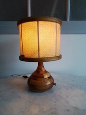 lampe vintage bois marqueté abat jour toile jute tissée  années 70-80