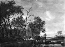 TROUPEAU de BOVINS à l'ABREUVOIR (Par RUYSDAEL) - Gravure du 19e Grand Format