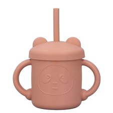 Silicone Baby Cup Drinking Training Two Handles Lid Straw Cartoon Style Food