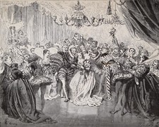 Estampe signée XIXème conte de fées "Cendrillon au bal du Prince" Gustave Doré
