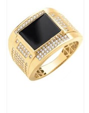 9ct or Poinçonné Homme Forme Carrée Onyx & Zircone Chevalière