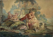 Tableau ancien Scène Galante XIX carton de tapisserie d’Aubusson