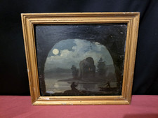 Ancienne huile sur panneau (bois) "Au clair de lune" - Début XIXe ou fin XVIIIe