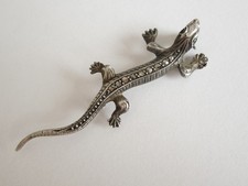 Broche Vintage 835 Argent Marcasite Salamandre Lézard Gecko 3,4 G/5,4 X 1,6 Cm