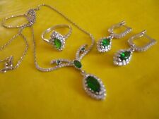 PARURE FEMME  ARGENT  VERT EMERAUDE BIJOUX ZC COLLIER BOUCLES D'OREILLE BAGUE