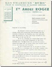 Lettre d'affaires - André Roger - Construction machine à laver Agricoles Chartres 1952