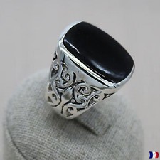 Bague chevalière homme argent 925 massif avec onyx noir rectangulaire Taille 57