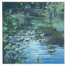 canards dans l'étang, tableau original 20 x 20 cm oeuvre acrylique