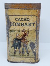 Ancienne petite boîte en tôle lithographiée Cacao Lombart personnages en relief