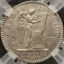 15 SOLS ARGENT 1791 A POINT FRANCOIS LOUIS XVI 1/8 ECU CONSTIT (GENI AU CLEANING