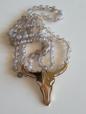Grand Collier Sautoir Pendentif Tête De Buffle Taureau Perle En Verre facette