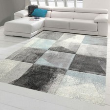 Tapis Moderne Couloir Salon Carreaux Design Abstrait en Gris Bleu Crème -