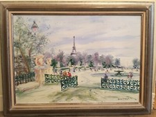 Grand tableau de Georges YOLDJOGLOU Les Tuileries en hiver vue Tour Eiffel PARIS
