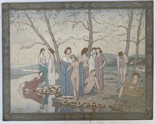 Tableau Ancien Huile Paysage Symboliste/Nabis Scène Baigneuses Nus #2