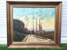 Ancienne huile sur toile – chemin rural menant au village – paysage animé 59x68