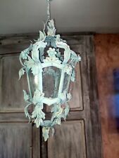 Lanterne en metal patiné c.1930 Italie Verre gravé personnages ....