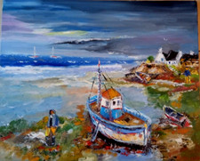 PETIT PORT BRETON MARINE ART TABLEAU PEINTURE  PARIS SIGNE JUMEAUX JEAN PIERRE