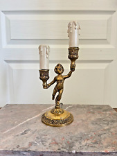 Ancien Lampe à Poser Bougeoir Laiton Décor Angelot Ange Chérubin Doré France XXè