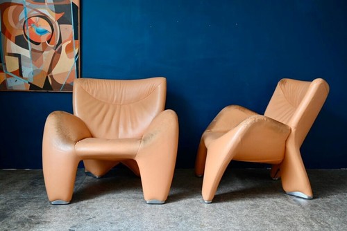 Paire fauteuils cuir orange - paire,
