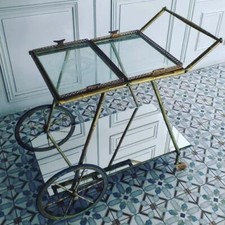 Rare Desserte/Bar /Table Roulante en Laiton Maison Bagues Bambou vers 1940