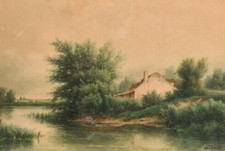 Maison au bord de la rivière avec pêcheur, aquarelle de Théodore Ghirardi