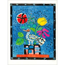 AIZPIRI Paul - Lithographie originale "Le bouquet et l'oiseau" 116x90cm