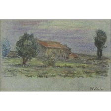 COLIN Paul-Émile - Dessin original au crayon et pastel "La ferme" 10x16cm
