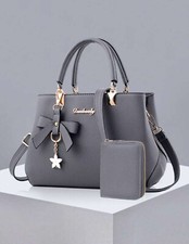 2X Sac Femme Gris En Simili Cuir Fourre Tout + Porte Monnaie - Ensemble 2 Pièces