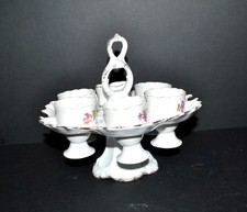 Service à œuf ancien en porcelaine - Oeufrier Présentoir 6 Coquetier décor fleur