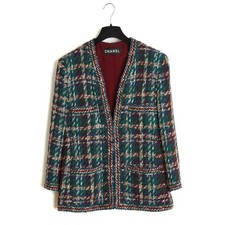 Chanel 1985s Veste Tailleur FR42 Haute Couture Green Tweed Ensemble UK14 US12