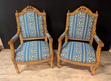Paire De Fauteuils Style Louis XV En Bois Sculpté Et Tissu Bleu