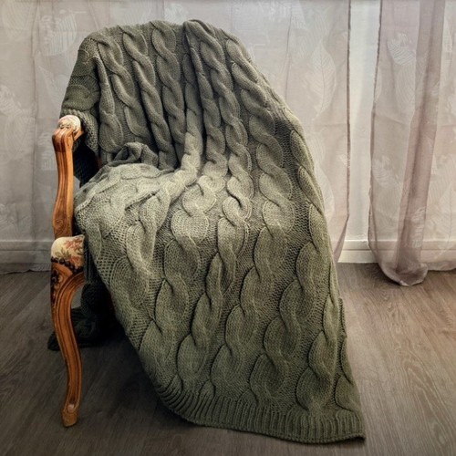 Olive green cable knit throw - green,