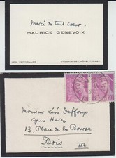 Carte de visite autographe de Maurice GENEVOIX - 1938.
